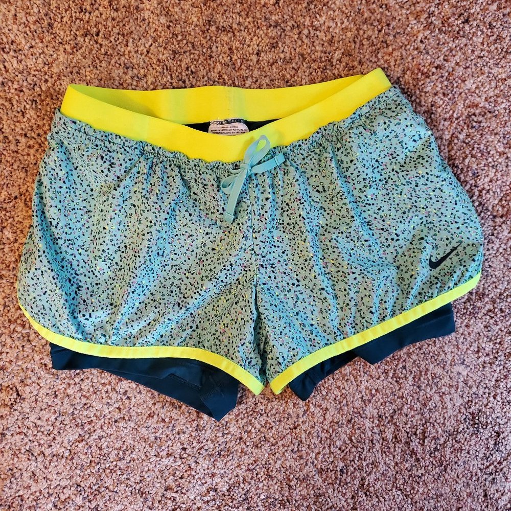 Nike Dri-Fit 2 in 1 Full Flex shorts size S speckled teal with neon yellow trim